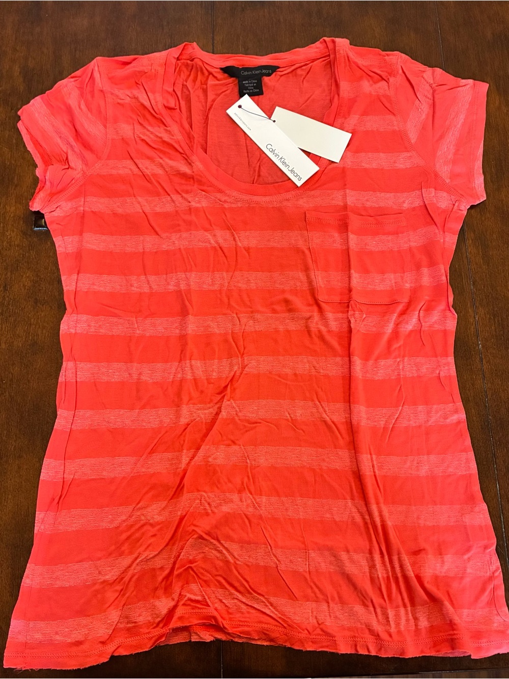 Calvin Klein Jeans Women's Striped Pocket Tee - Coral Pink